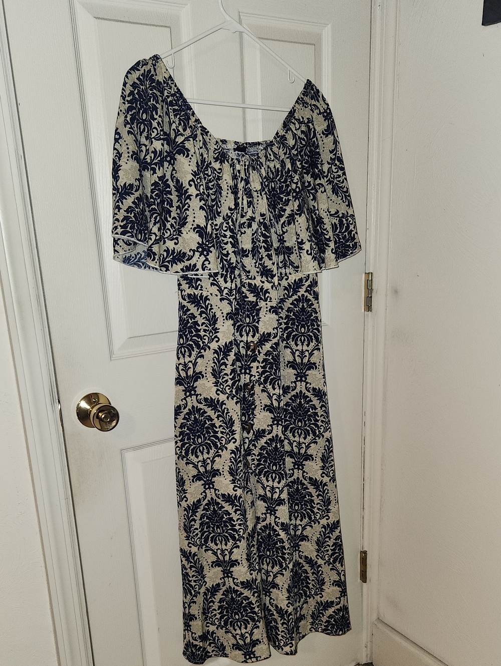 Women’s Navy and Cream Off-Shoulder Maxi Dress